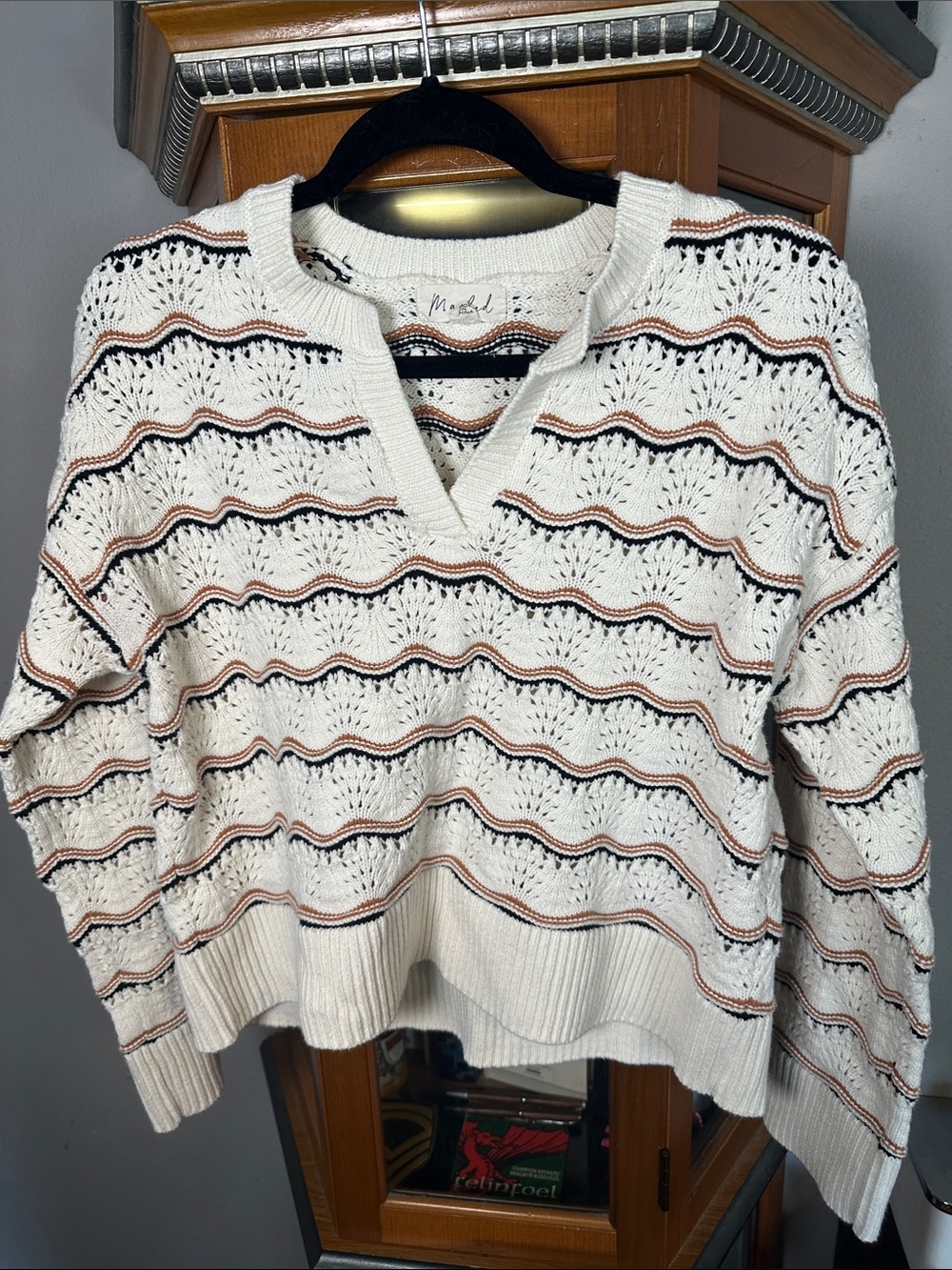 Marled Cream Open-Knit V-Neck Sweater with Black & Tan Stripes